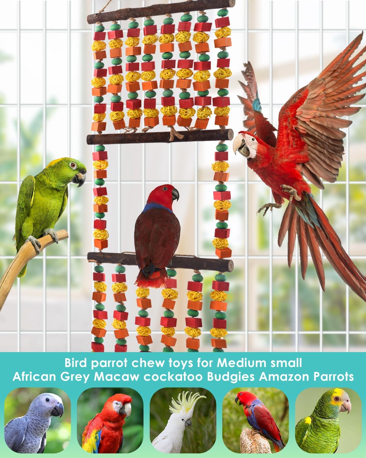 43" Extra Large Bird Parrot Toys, Multicolored Wooden Blocks Chewing Toy with Rattan Balls and Perches for Macaws, African Greys, Cokatoos, Amazon Parrots and Small Medium Parakeets