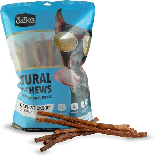 Sitka Farms Beef Sticks - 10 Inch Dog Chews, All Natural Beef Flavor - 50 Count, Premium Crunchy Munchy Sticks with Bully, Collagen and Gelatin