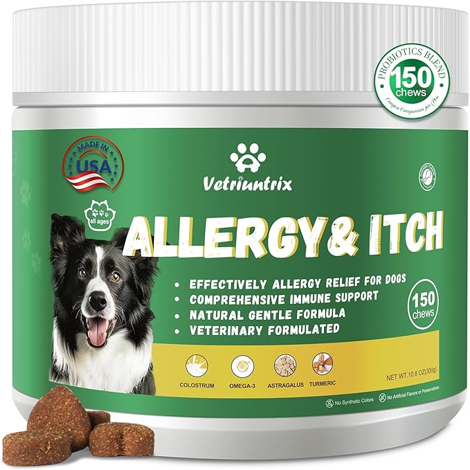Dog Allergy Relief Chews, Dog Itch Relief Chews for Large Dogs Paw Licking Itchy Skin Seasonal Allergies, Probiotics with Omega-3 Turmeric Astragalus for Coat Immune Supplement-150ct