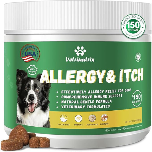 Dog Allergy Relief Chews, Dog Itch Relief Chews for Large Dogs Paw Licking Itchy Skin Seasonal Allergies, Probiotics with Omega-3 Turmeric Astragalus for Coat Immune Supplement-150ct