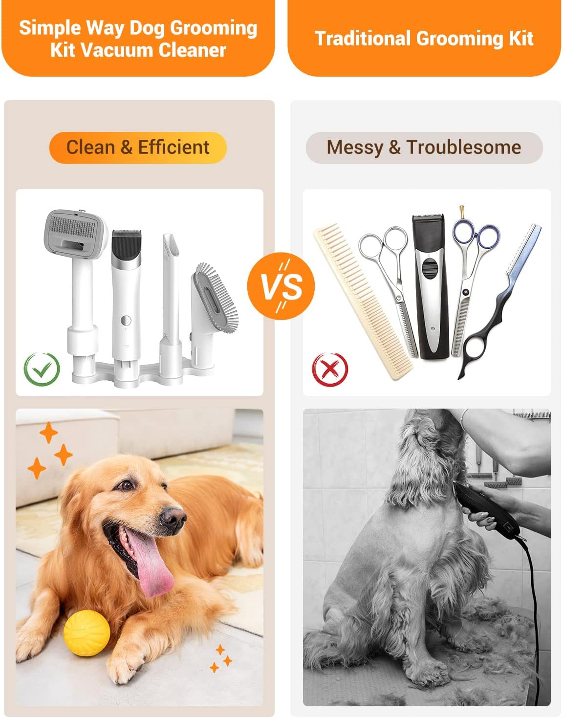 Dog Vacuum Grooming Kit for Shedding: Professional Hair Clippers Pet Groomer - Strong Suction Cleaner Deshedding Tool Fur Brush Attachment Trimmer for Home Cat (Pale White)