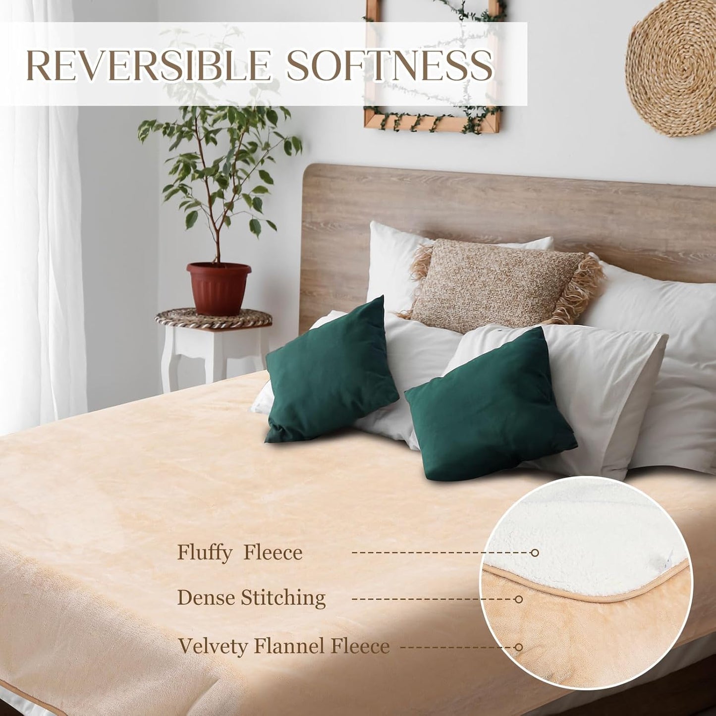 Love Beige Waterproof Bed Blanket, Queen Size 80'' x 80'' Double Side Leakproof Reversible Sherpa Flannel Fleece 3 Layer Lightweight Blanket, Absorbs 70oz