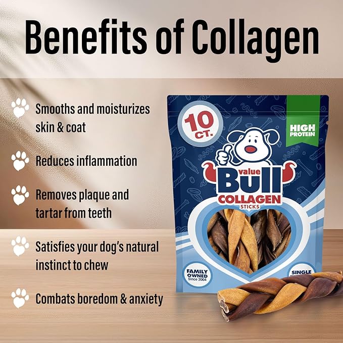ValueBull Collagen Braided Sticks for Dogs, 6 Inch Thick Chews, Natural Long-Lasting Dog Treats, 10 Count - Supports Joints, Skin & Coat with Chondroitin & Glucosamine