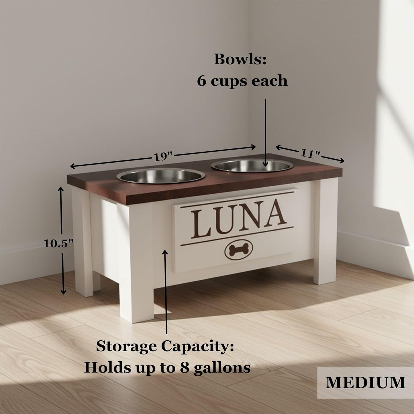 GrooveThis Woodshop - Personalized Elevated Dog Bowl Stand for Large, Medium, Small, X-Small Dogs - Stainless Steel Food and Water Bowls - Raised Dog Dish with Internal Storage (Medium, Dark Walnut)