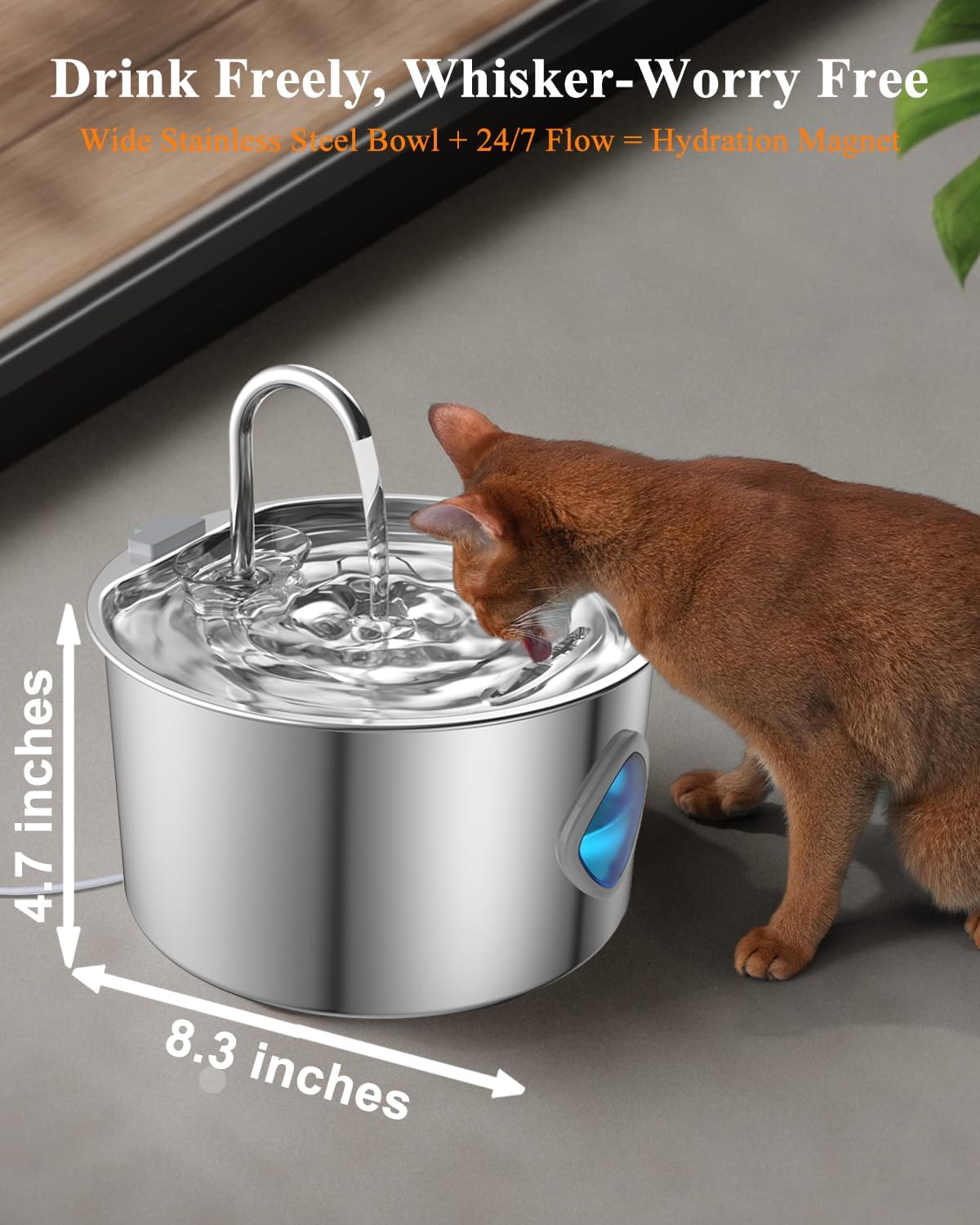 Cat Water Fountain Stainless Steel [3.2L/108oz] Large Capacity Automatic Water Dispenser for Cats Indoor with 3 Filters Kit, LED Water Level Window, Easy to Clean, Ideal for Cats Dogs Multi-Pet Home