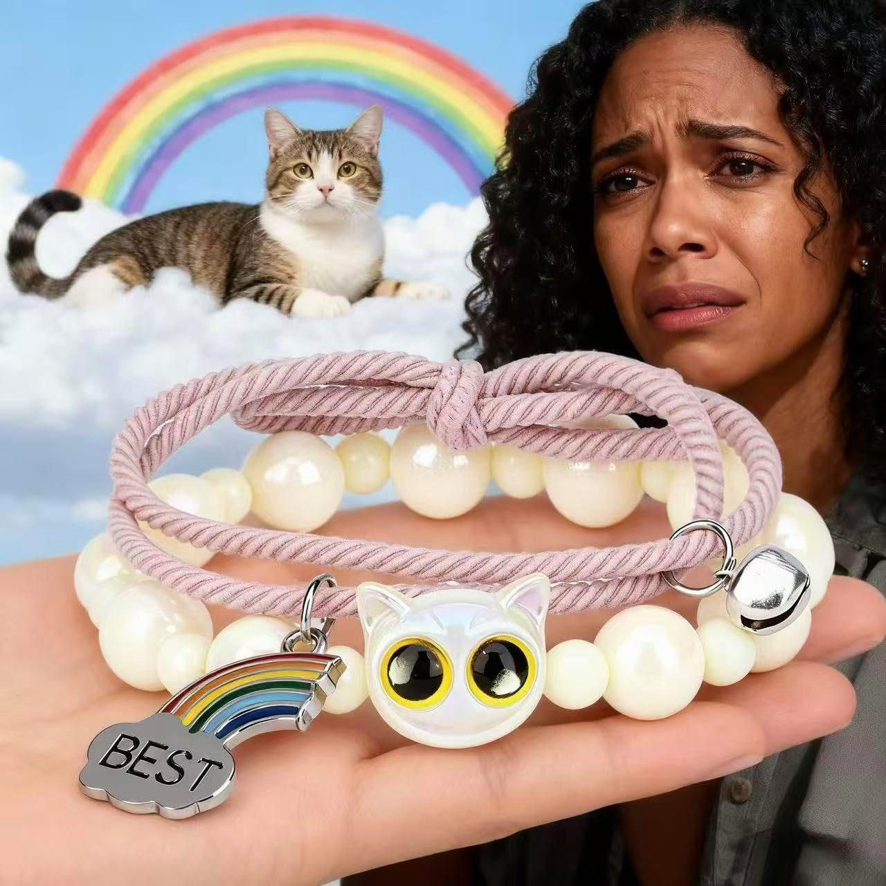 LINGYUAN 2 PCS Pet Memorial Gifts for Cats, Rainbow Bridge Bracelet for Beloved Cat Loss of Pet Remembrance Gifts
