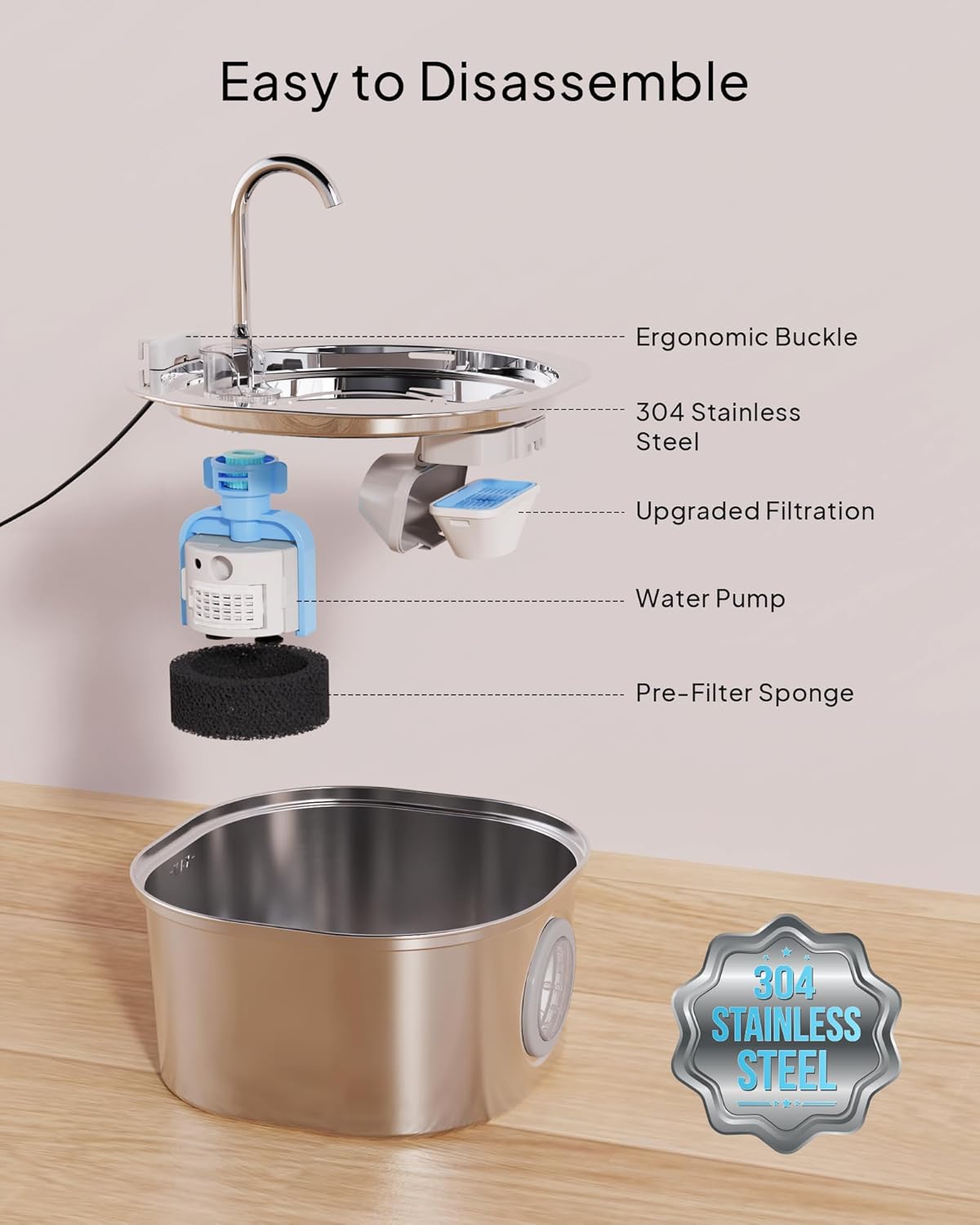 Cat Water Fountain Stainless Steel, 3.2L/108oz Cat Water Dispenser with Quiet Water Pump and Water-Level Window, Dishwasher Safe Pet Drinking Fountain for Cats Indoor with Replacement Filter