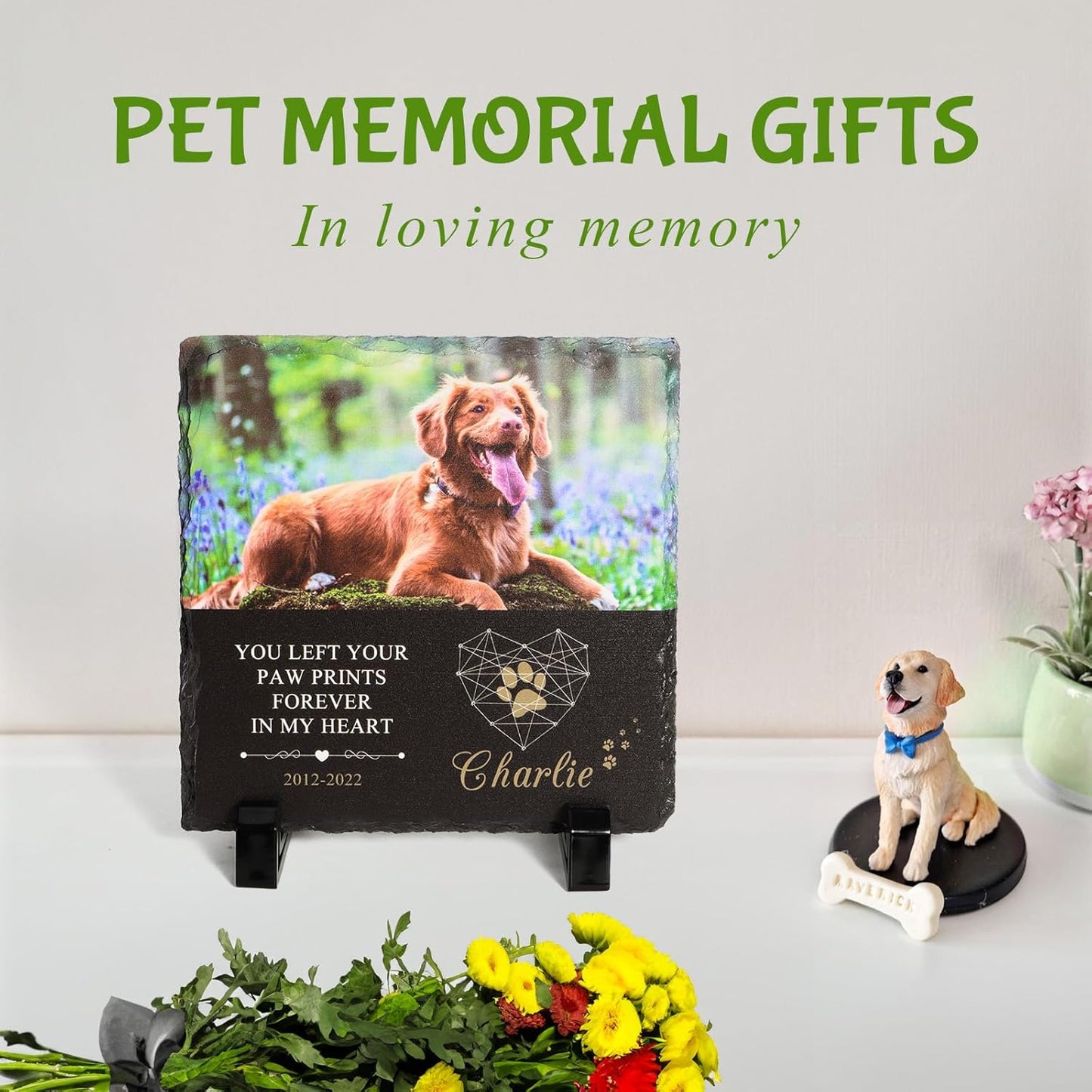 Bemaystar Personalised Dog Memorial Plaque - Customized Rock Slate Stone Picture Frame Plaque with Photo, Pet Memorial Sign with Stand Natural Slate Grave Plaque Pets Bereavement Gifts Loss of Pet