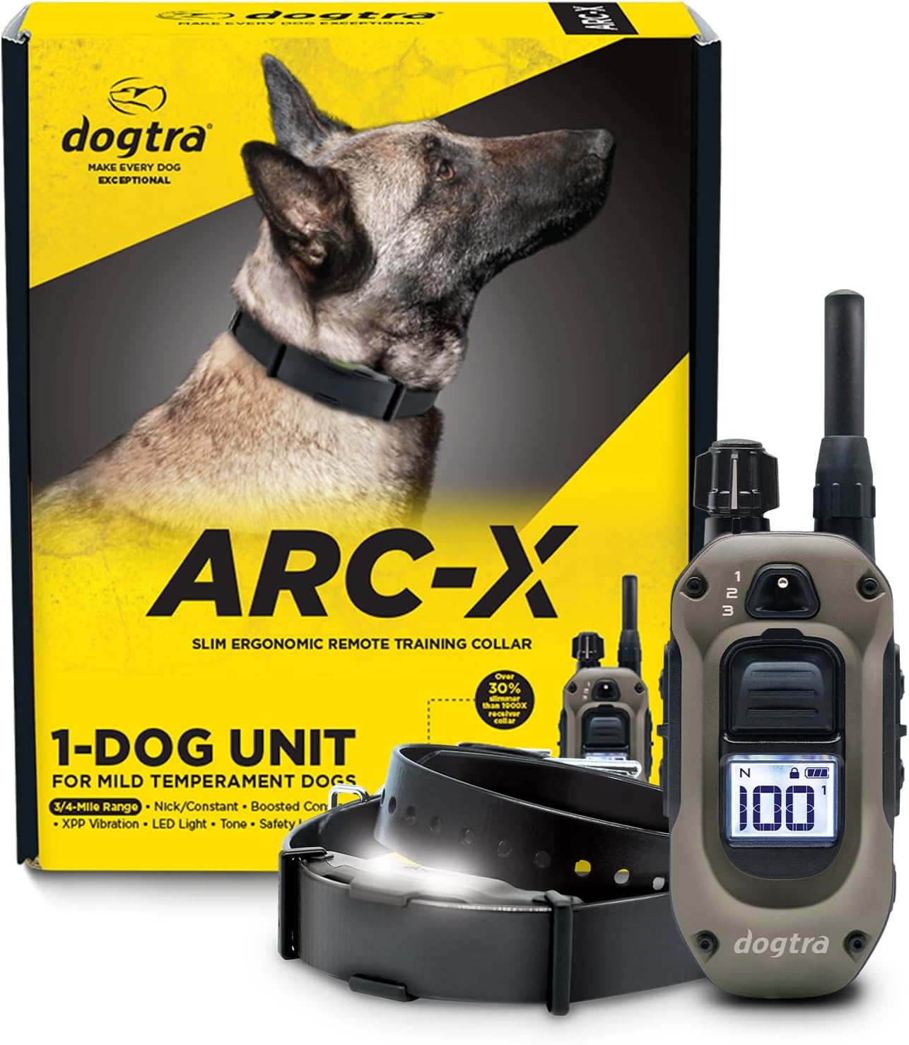 Dogtra ARC-X E-Collar for Dog Training - 3/4 Mile Range, for Dogs 15 lbs+, Slim Design, IPX9K Waterproof, 100 Stimulation Levels, Vibration, Tone, Rechargeable - Dog Owners and Professional Trainers