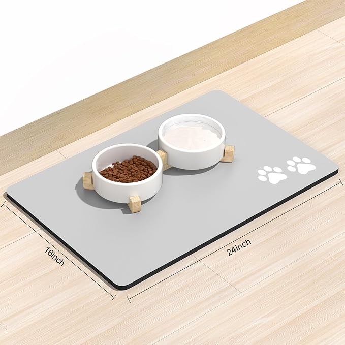 Rnivvi Dog Food Mat, 16" x 24" Footprint Absorbent Dog Cat Bowl Mat for Food and Water, Cute Anti-Slip Rubber Pet Feeding Rug Protect Floors, Puppy Placemat for Feeding & Watering Supplies, Gray