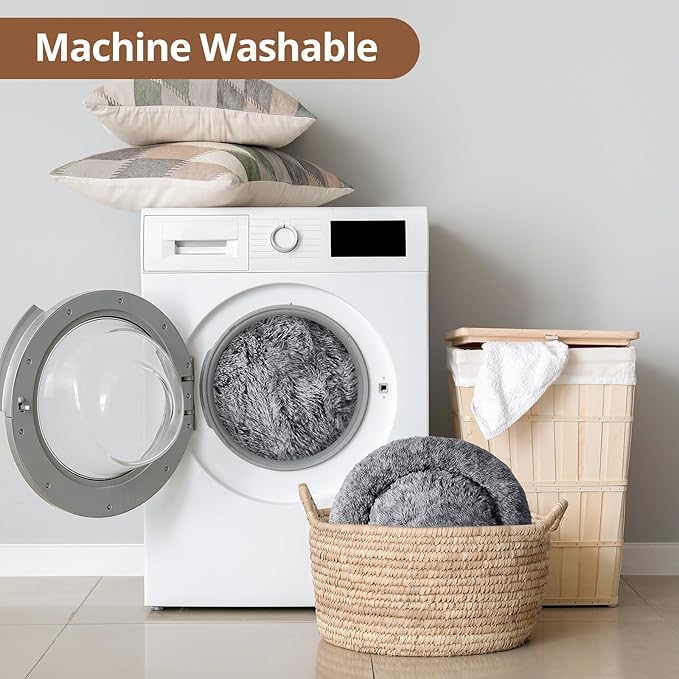 JOLLYVOGUE Medium Calming Dog Bed, Anti-Anxiety Donut Cuddler Cat Bed with Anti-Slip Bottom, Fluffy Faux Fur Machine Washable Pet Cushion for Medium Large Dog & Cat, 31"/Smoke Black