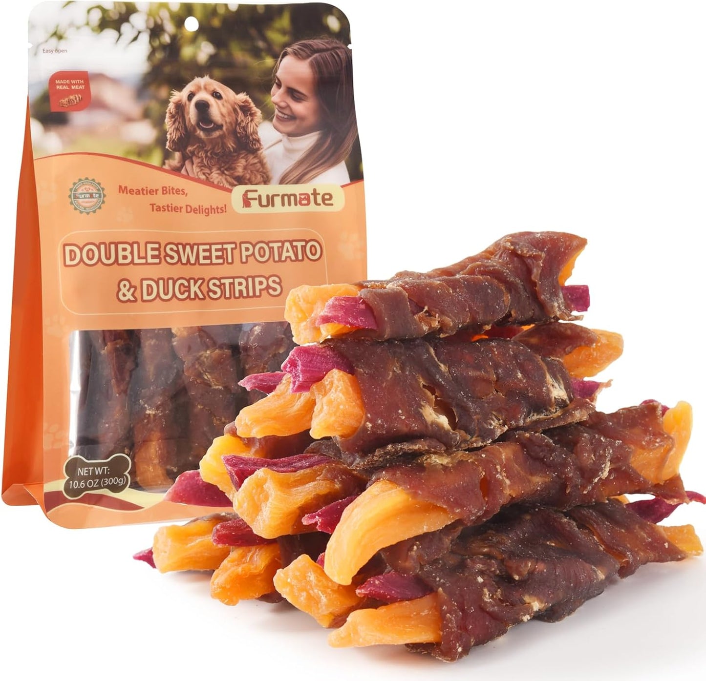 Dog Jerky Treats Duck Wrapped Orange Purple Sweet Potato, Healthy Dog Snacks High Protein Low Fat, Soft Chews Eliminates Tears, Training Rewards Treats for Small Medium Large Breeds,10.58 oz