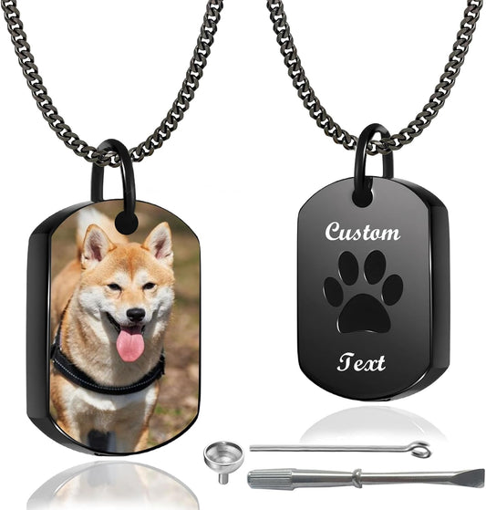 Personalized Pet Urn Necklace for Dog Ashes Custom Engraving Photo Text Pet Cremation Jewelry Customize Memorial Gift for Pet Dog Cat Ashes Necklace (02-Color)
