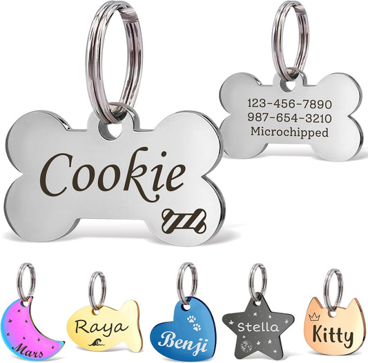 Anavia Small Size Dog Cat ID Tags, Small/XS Personalized Color Plated Stainless Steel Puppy Kitten Name Tags, Customized Engraved Nameplate Pet Collar Tag (Silver, Bone)