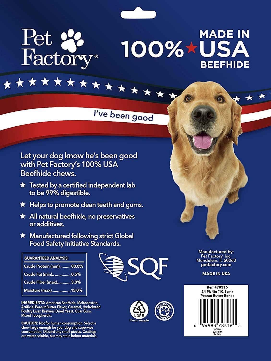 Pet Factory 100% Made in USA Beefhide 4" Knotted Bones Dog Chew Treats - Peanut Butter Flavor, 24 Count/1 Pack