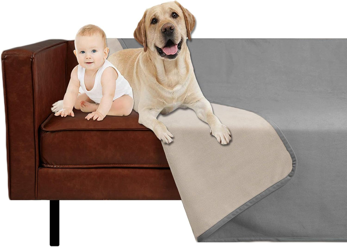 Ameritex Pet Bed Blanket Reversible 100% Waterproof Velvet Super Soft for Sofa and Bed (52x82 Inches, Light Grey+Beige)