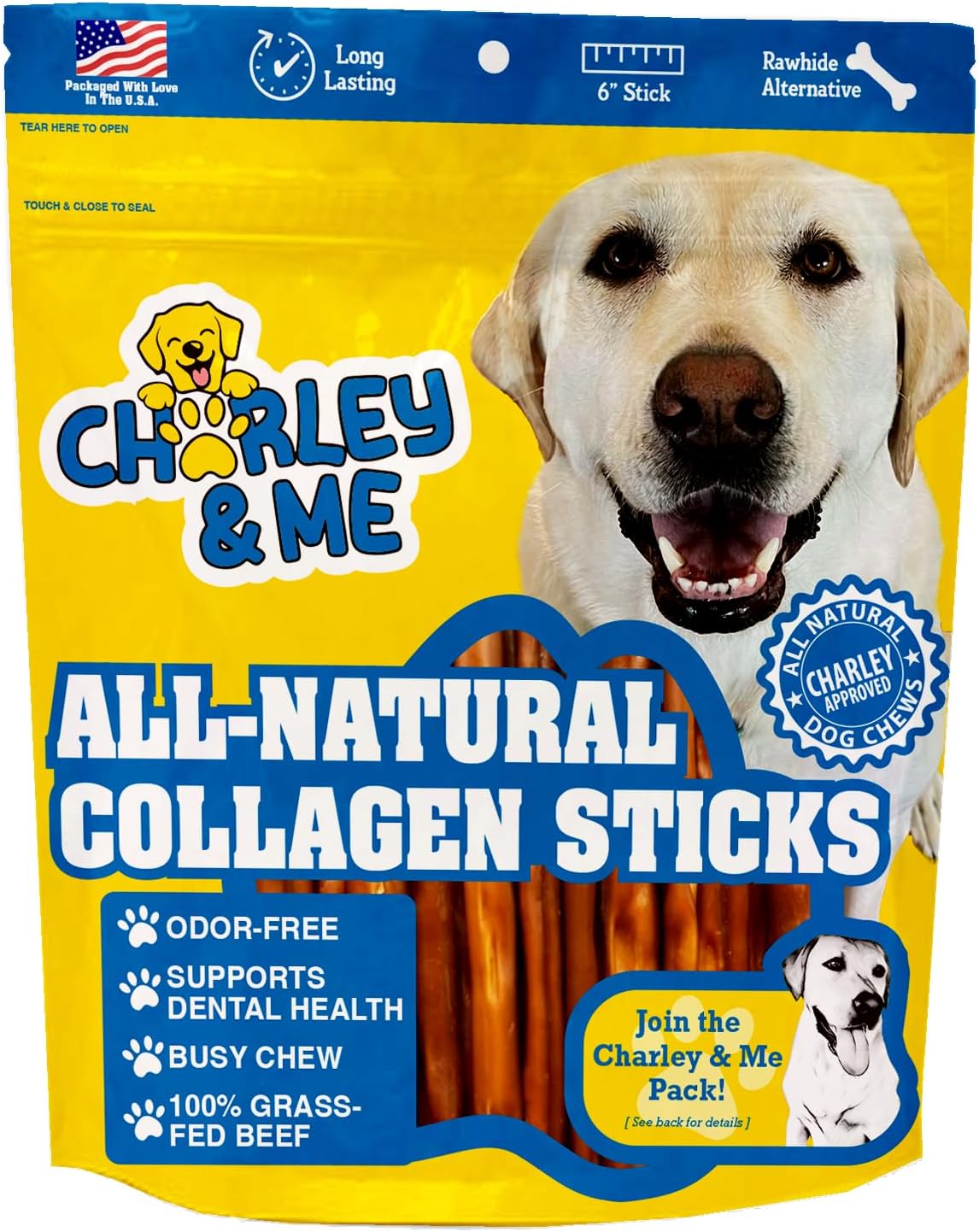CHARLEY & ME Premium Collagen Sticks for Dogs - Long Lasting Dog Treats, Free Dog Chew Sticks - Hip & Joint Support, Healthy Skin, Shiny Coat - 100% Natural Beef - 6 Inches (Pack of 25)