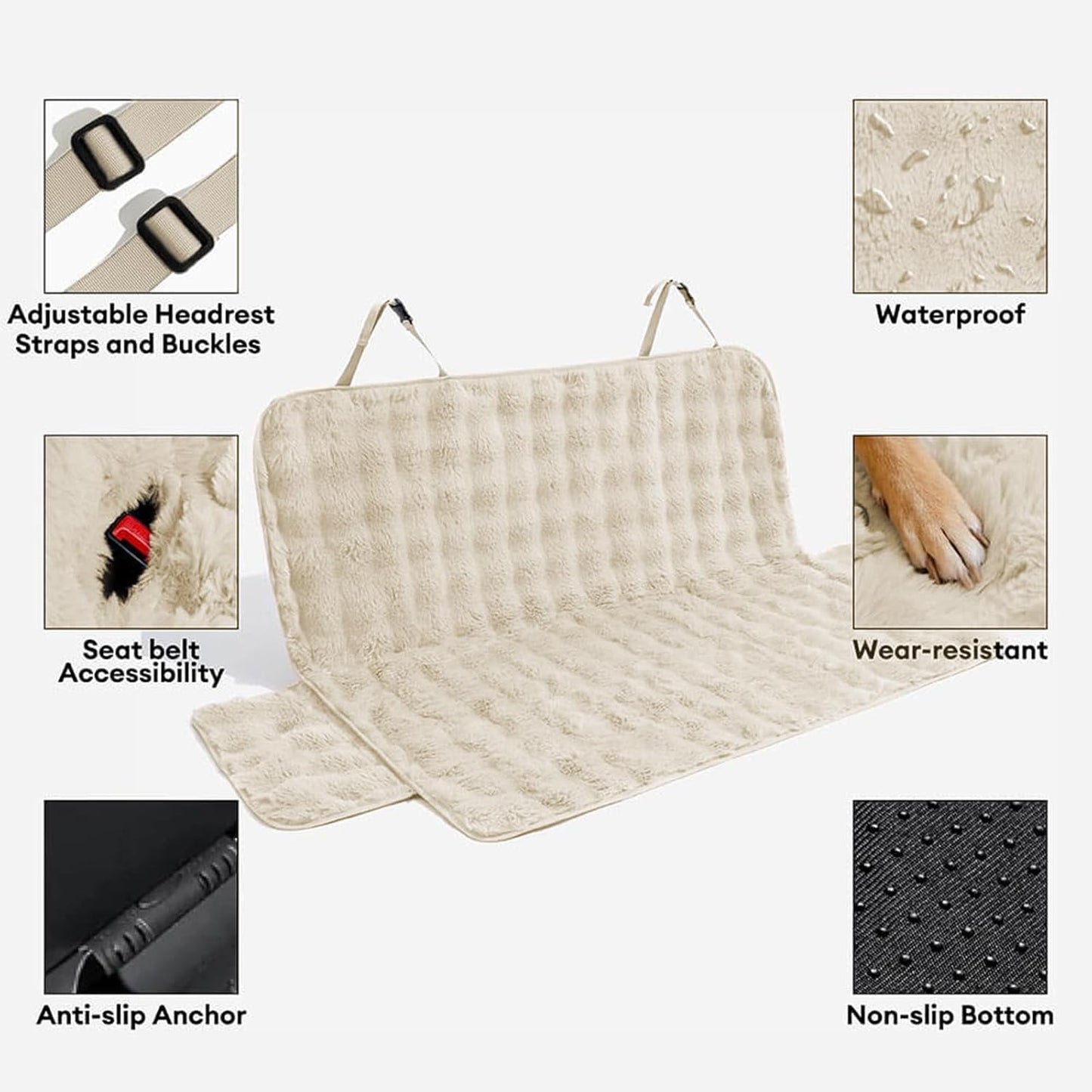 FUNNY FUZZY Fluffy Dog Car Seat Cover for Back Seat (Bench), Water-Resistant with Nonslip Backing,Pet Seat Protector for Cars SUVs Trucks（Beige