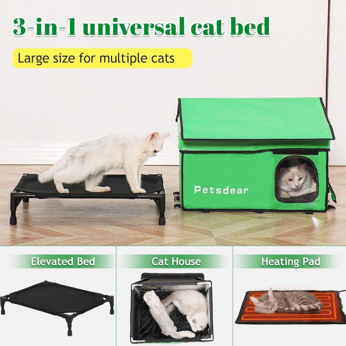 Heated Outdoor Cat House for Winter - Large, Weatherproof, Extremely Waterproof, Insulated Outside Shelter for Multiple Feral Cats (Green)