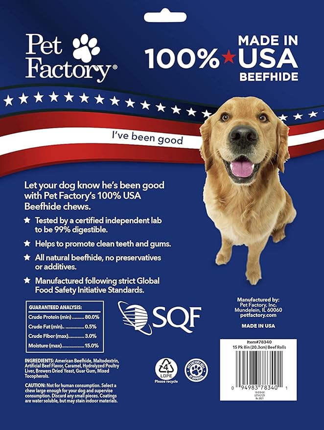 Pet Factory 100% Made in USA Beefhide 8" Rolls Dog Chew Treats - Beef Flavor, 15 Count/2 Pack
