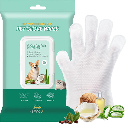 Pet Cleaning and Deodorizing Bathing Grooming Glove Wipes for Dogs and Cats, Extra Thick Nourish Fur No-Rinse Grooming Wipes for Daily Care and Travel, Hypoallergenic, 10 pcs