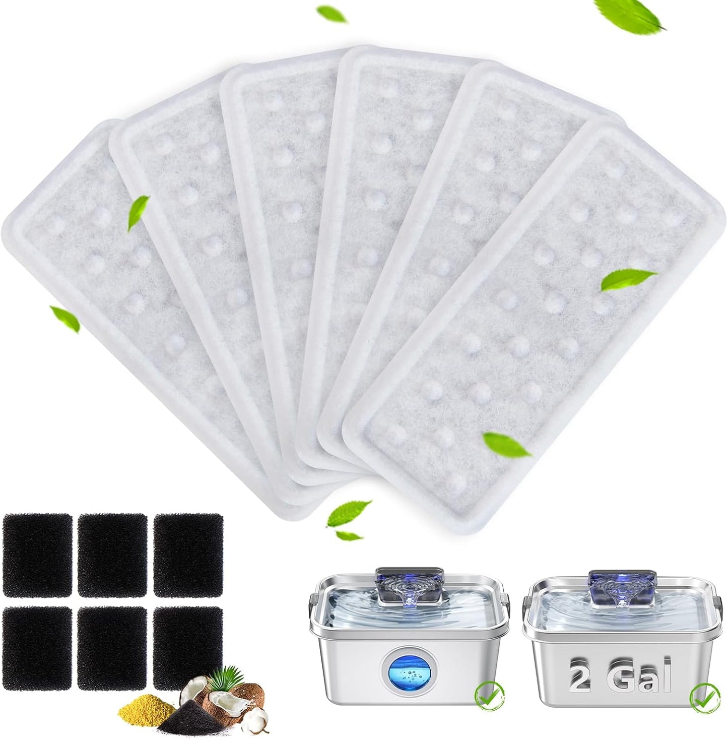 6 Pack Dog Water Fountain Filters and 6 Pack Sponges, Suitable for Stainless Steel Dog Water Fountain (PF-SS-01/PF-SS-02/PF-SS-04), High Efficiency Filtration, Idividual Package