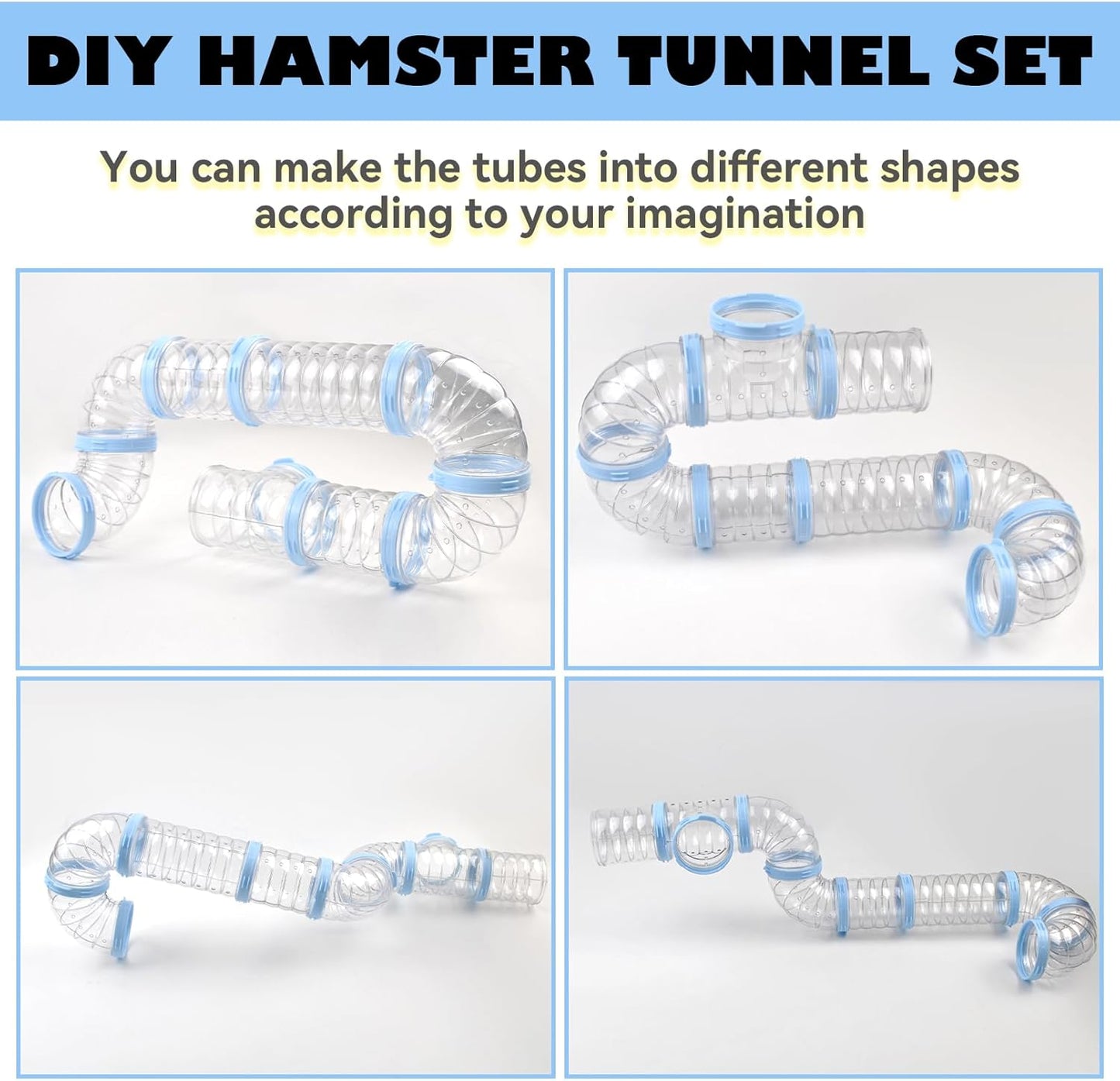 8 PCS Syrian Hamster Tube Set,Transparent Pet Cage Curvy Tunnel Kit DIY Dwarf Hamster Toy Tube Small Animal External Accessories Adventure Pipe for Mice Rat(Blue)