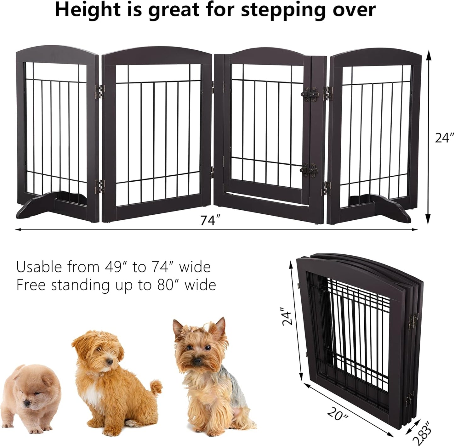 PAWLAND Freestanding Dog gate with Walk Through Door, Dog Gates for Doorways, The House, Stairs, 80" Wide Pet Puppy Safety Fence with Support Feet, 4 Panels, Espresso