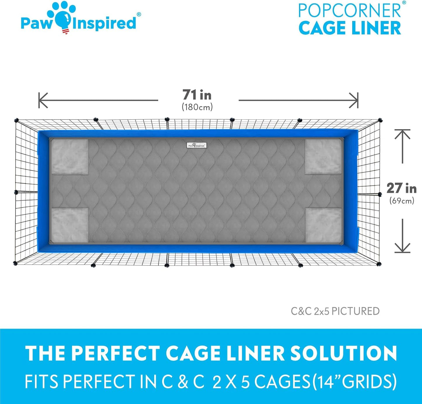 Paw Inspired PopCorner Guinea Pig Cage Liners | Washable Fleece Bedding or Pet Bed Mat for Small Animals | Super Absorbent Pee Pad with Reinforced Corners and Waterproof Bottom (C&C 2x5, Gray)