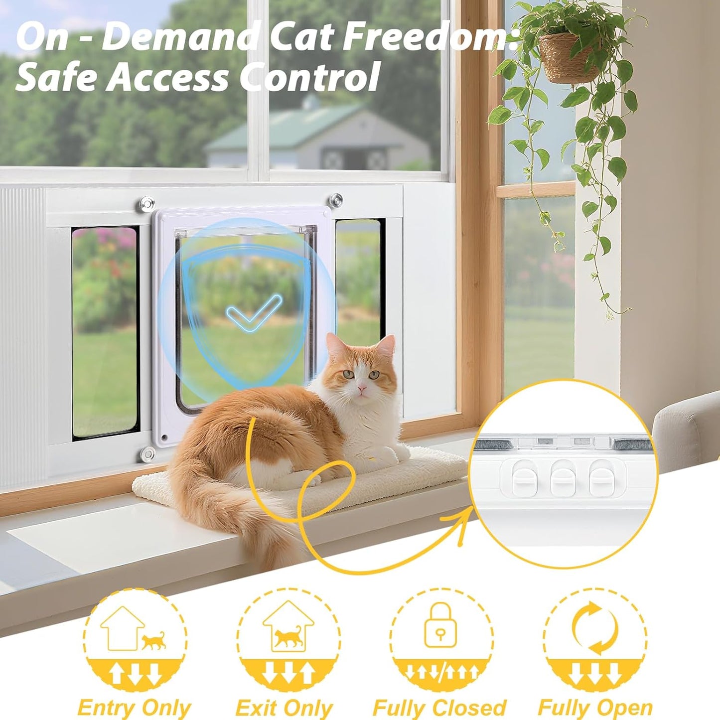 Compact Cat Door for Window,Fits 35"-41" Width Windows,Quick Install with No Damage,Aluminum Frame Pet Door for Window,Cat Window Door Insert with Tight Seal,4 Lock Modes to Control Pet Access