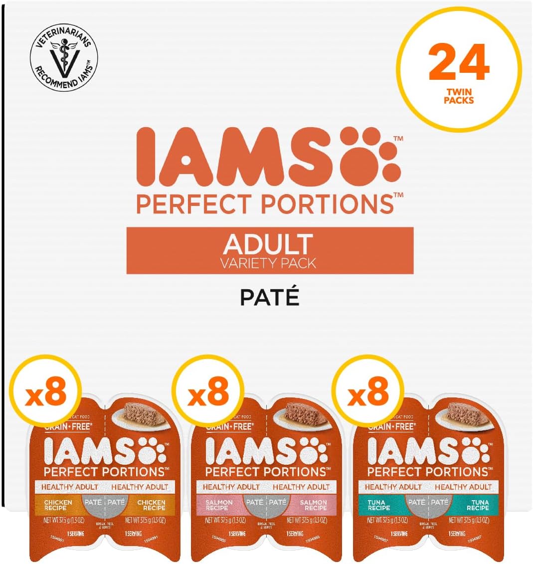 IAMS Perfect Portions Adult Wet Cat Food Pate, Chicken, Salmon, and Tuna Recipe Variety Pack, 2.6 oz. Easy Peel Twin-Pack Trays (24 Count, 48 Servings)
