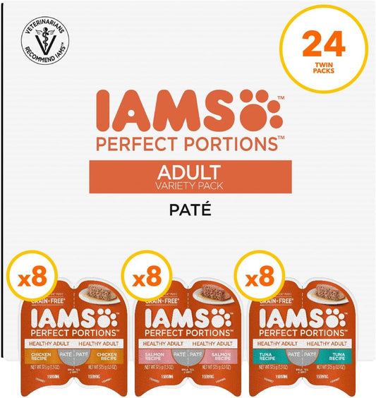 IAMS Perfect Portions Adult Wet Cat Food Pate, Chicken, Salmon, and Tuna Recipe Variety Pack, 2.6 oz. Easy Peel Twin-Pack Trays (24 Count, 48 Servings)