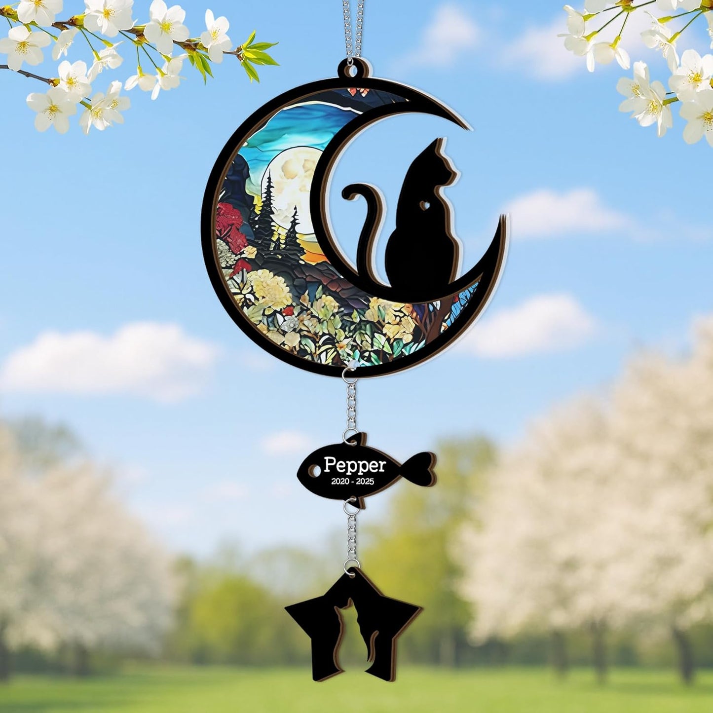 Moon Shape Stained Glass Cat Suncatcher | Customized Pet Memorial Suncatcher with Photo & with Charms | Personalized Memorial Gifts for Pet Lovers | Best Gifts for Your Beloved Cat Passed Away