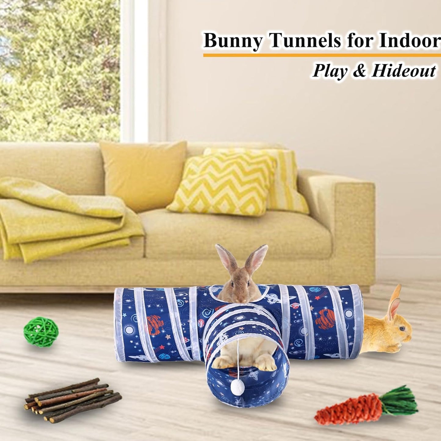 HERCOCCI Rabbit Toys, Collapsible Bunny Tunnels & Tubes 3 Way Rabbit Hideout Tunnel with Chew Toy for Bunny Guinea Pig Ferret Kitten