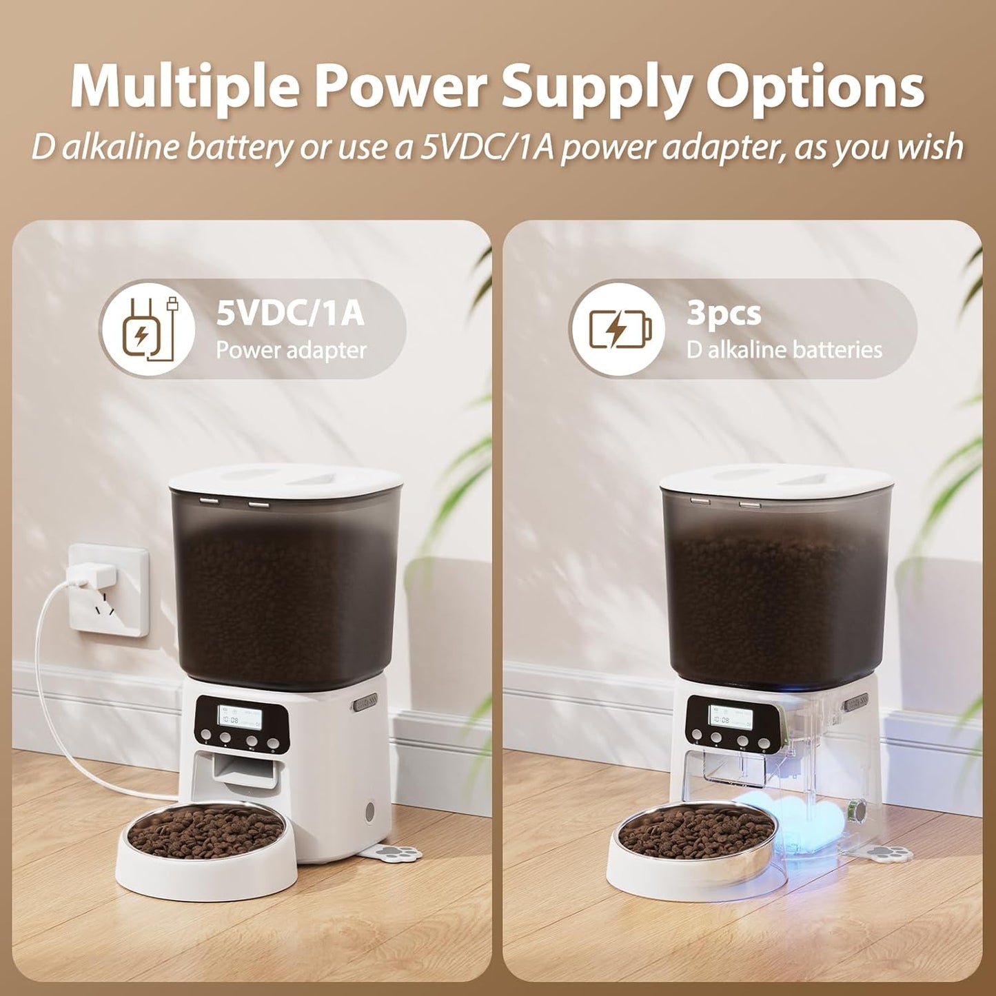 Automatic Cat Feeder, 4L Timed Dry Food Dispenser with Stainless Steel Bowl, Pet Food Feeder for Cats & Small Dogs, Programmable for 6 Meals & 30 Portions Per Day, 10S Voice Record, Dual Power, White