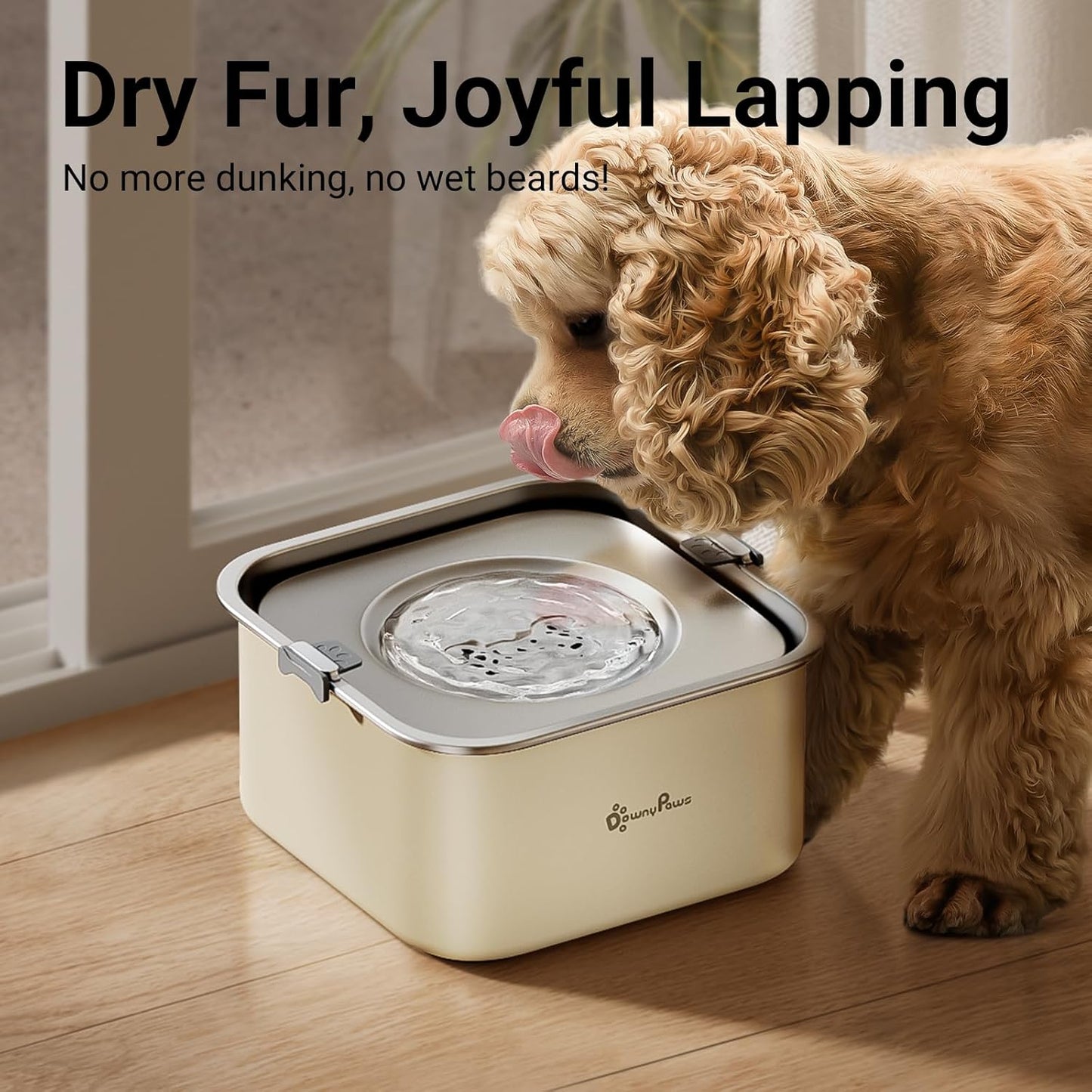 DownyPaws No Spill Water Bowl for Dogs,101oz/3L Slobber Stopper Stainless Steel, Slow Drinking Dog Water Bowl, No Mess Dog Water Dispenser Spill Proof, Dishwasher Safe, Beige