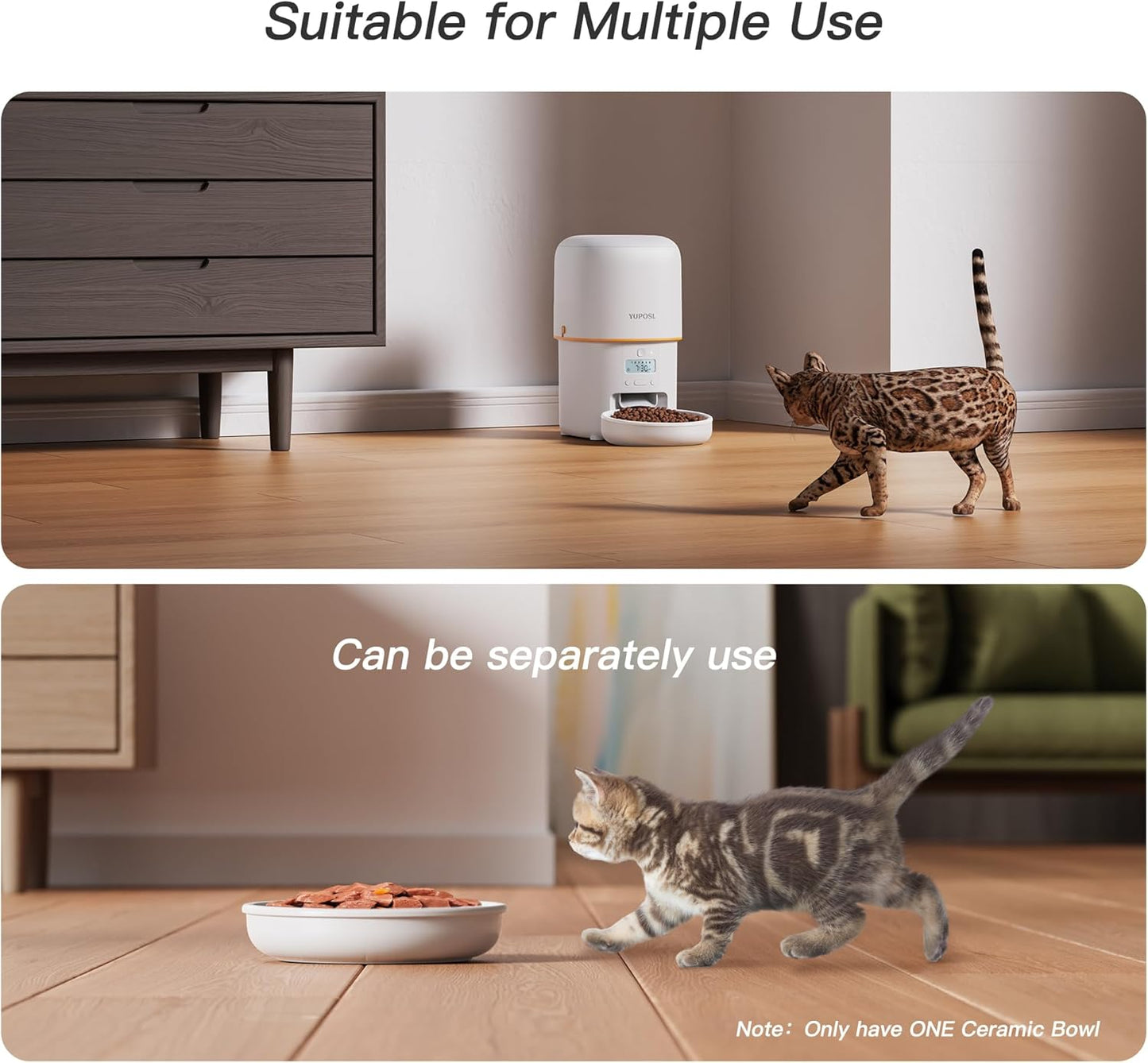 Automatic Cat Feeder - 2L Cat Food Dispenser, Timed Auto Pet Feeder with 180-day Battery Life, 1-6 Meals Per Day, 1-16 Portion, Ceramic Bowl, Desiccant Bag Keeps Dry Food Fresh, Also for Small Dogs