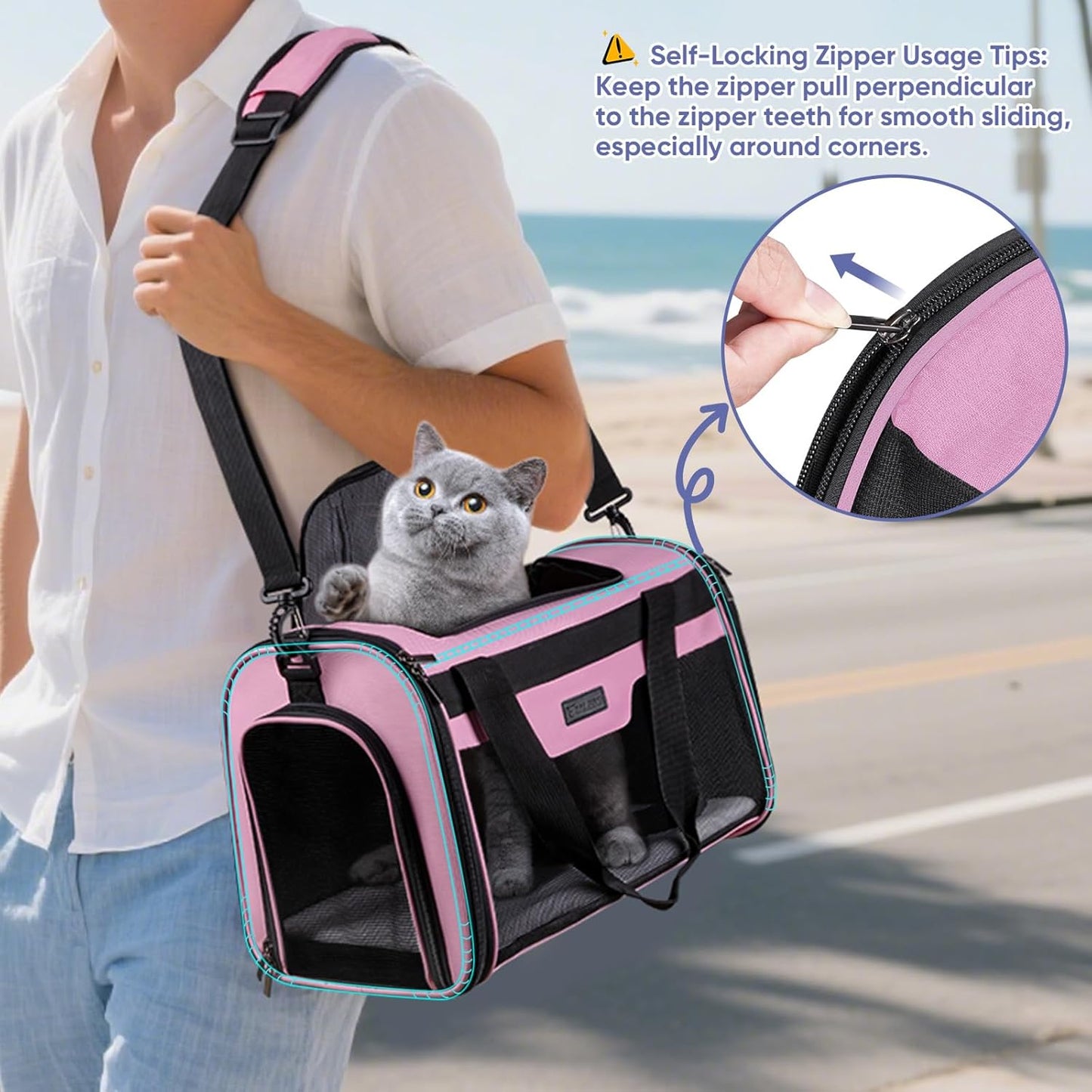 BALEINE Cat Carrier, Puppy Dog Carrier for Small Medium Pets Up to 15 Lbs, Soft-Sided Dog Travel Bag with Safety Zippers, Collapsible Pet Carrying Case (Pink, L, 17"x11"x11")