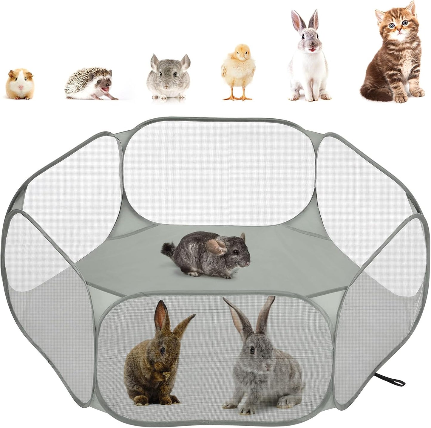 Pawaboo Small Animals Playpen, Waterproof Small Pet Cage Tent with Strong Steel Wire Frame, Portable Outdoor Yard Fence for Chick/Kitten/Puppy/Guinea Pig/Rabbits/Hamster/Chinchillas, Gray