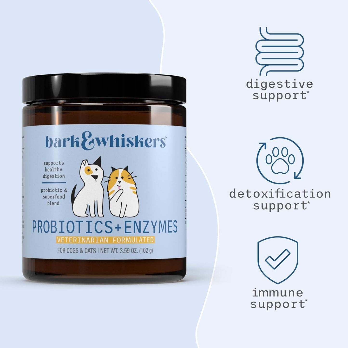 Bark & Whiskers Probiotics + Enzymes - Supports Digestive Health & Immune System - Probiotic Supplement for Cats & Dogs - 60 Scoops