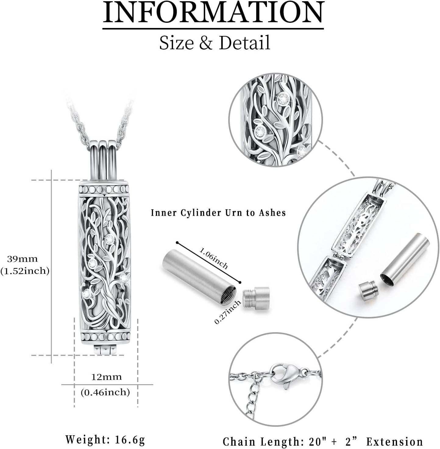 shajwo Cylinder Cremation Jewelry Tree of Life Urn Ashes Necklace for Women Men Vial Cremation Ash Pendant Loved One Memorial Jewelry