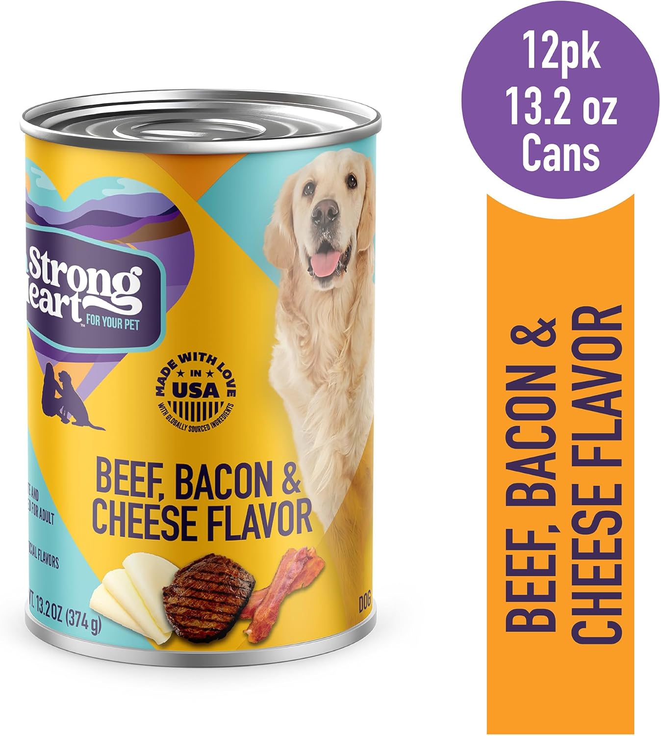 A Strong Heart Wet Dog Food, Beef, Bacon & Cheese Flavor - 13.2 oz Cans (Pack of 12), Made in The USA with Real Beef