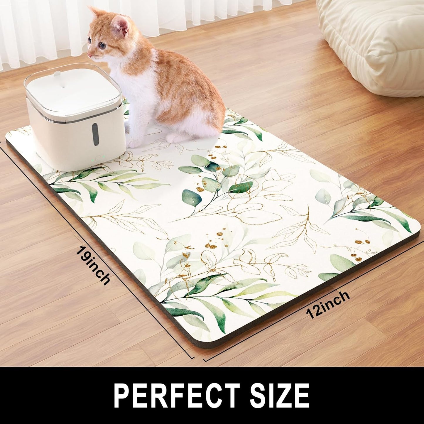 Dog Food Mat, 12" x 19" Minimalism Absorbent Dog Cat Bowl Mat for Food and Water, Cute Anti-Slip Rubber Pet Feeding Rug Protect Floors, Placemat for Feeding & Watering Supplies, Leaf