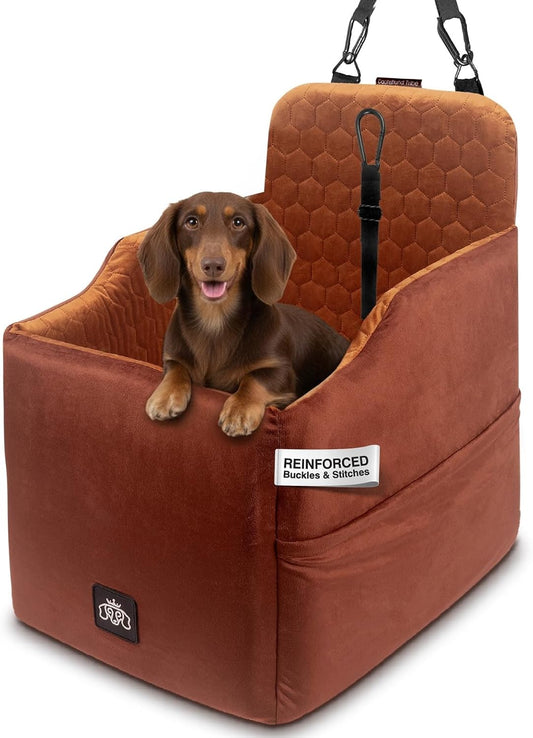 Dog Car Seat for Small Dogs - Safety Booster Bed for Car Travel, Machine Washable Cover, Scratch & Water Resistant, Adjustable, Non-Slip Base (Royal Brown, Small/Medium)