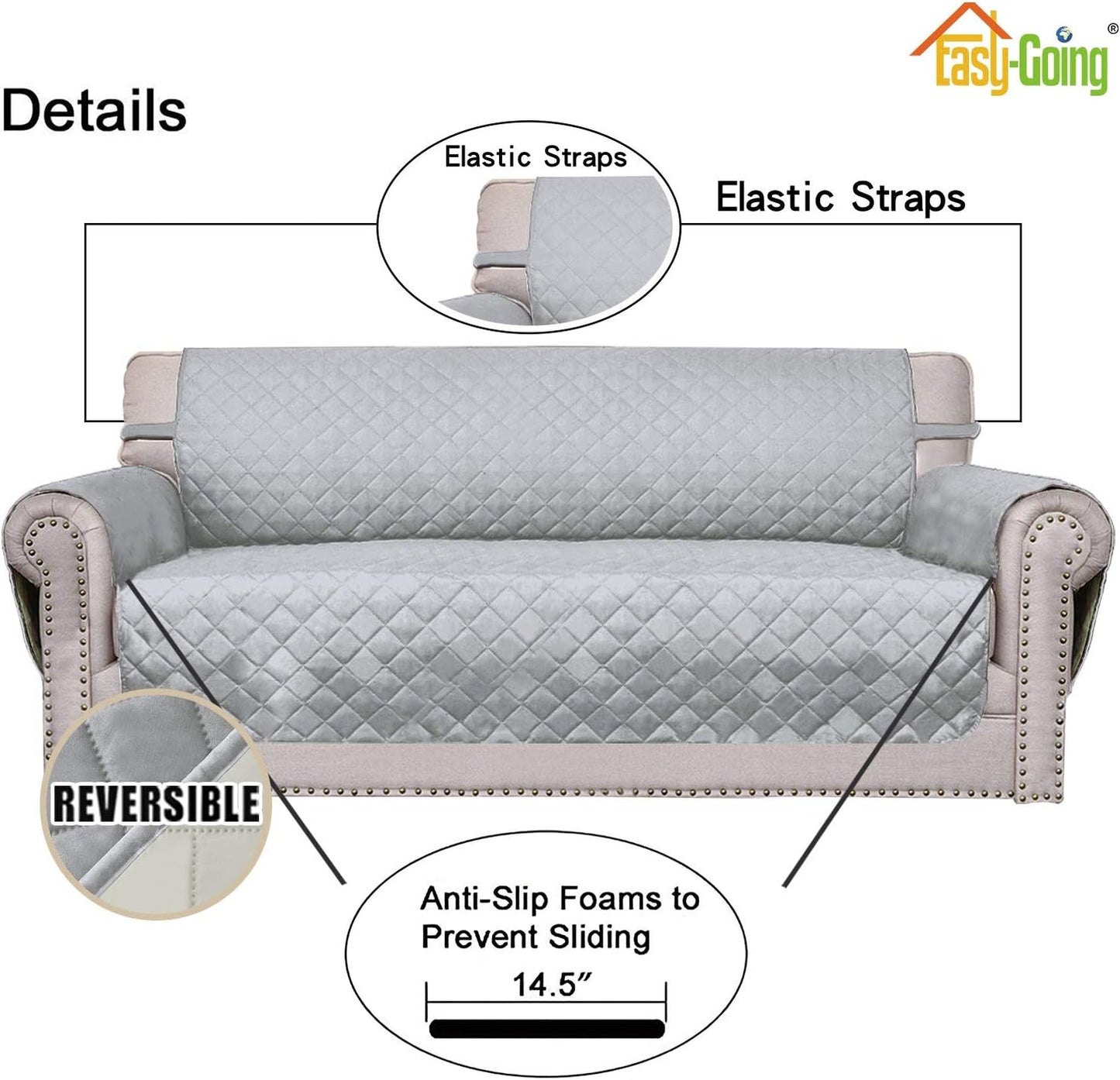 Easy-Going Reversible Loveseat Couch Cover for 2 Cushion Couch Sofa Cover for Dogs Water Resistant Furniture Protector with Foam Sticks Elastic Straps for Pet (Loveseat, Light Gray/Ivory)