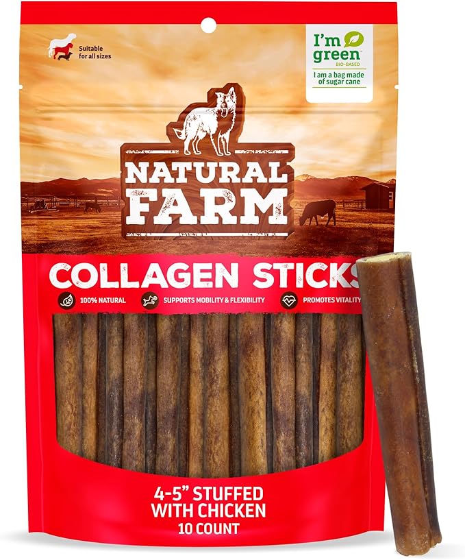 Natural Farm Chicken Stuffed Collagen Chews for Dogs (4-5 Inch, 10 Pack), Rawhide-Free Collagen Sticks, Odor-Free Natural Dog Chews, Long Lasting Treats for Small, Medium Dogs