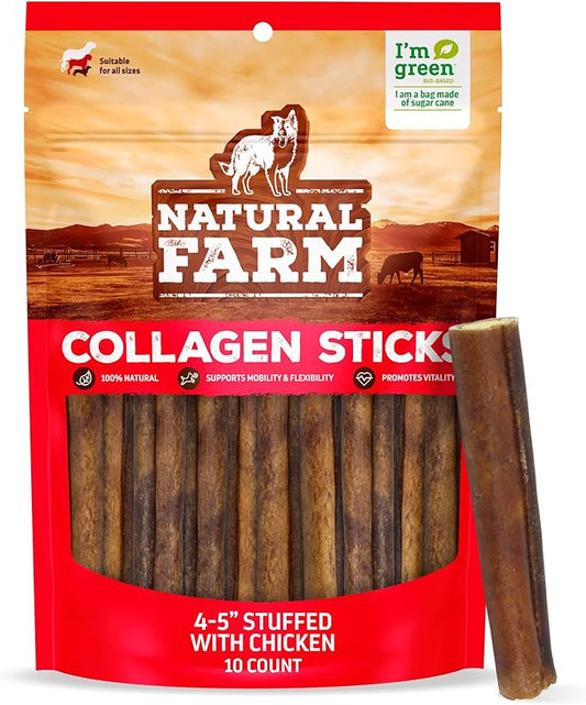 Natural Farm Chicken Stuffed Collagen Chews for Dogs (4-5 Inch, 10 Pack), Rawhide-Free Collagen Sticks, Odor-Free Natural Dog Chews, Long Lasting Treats for Small, Medium Dogs