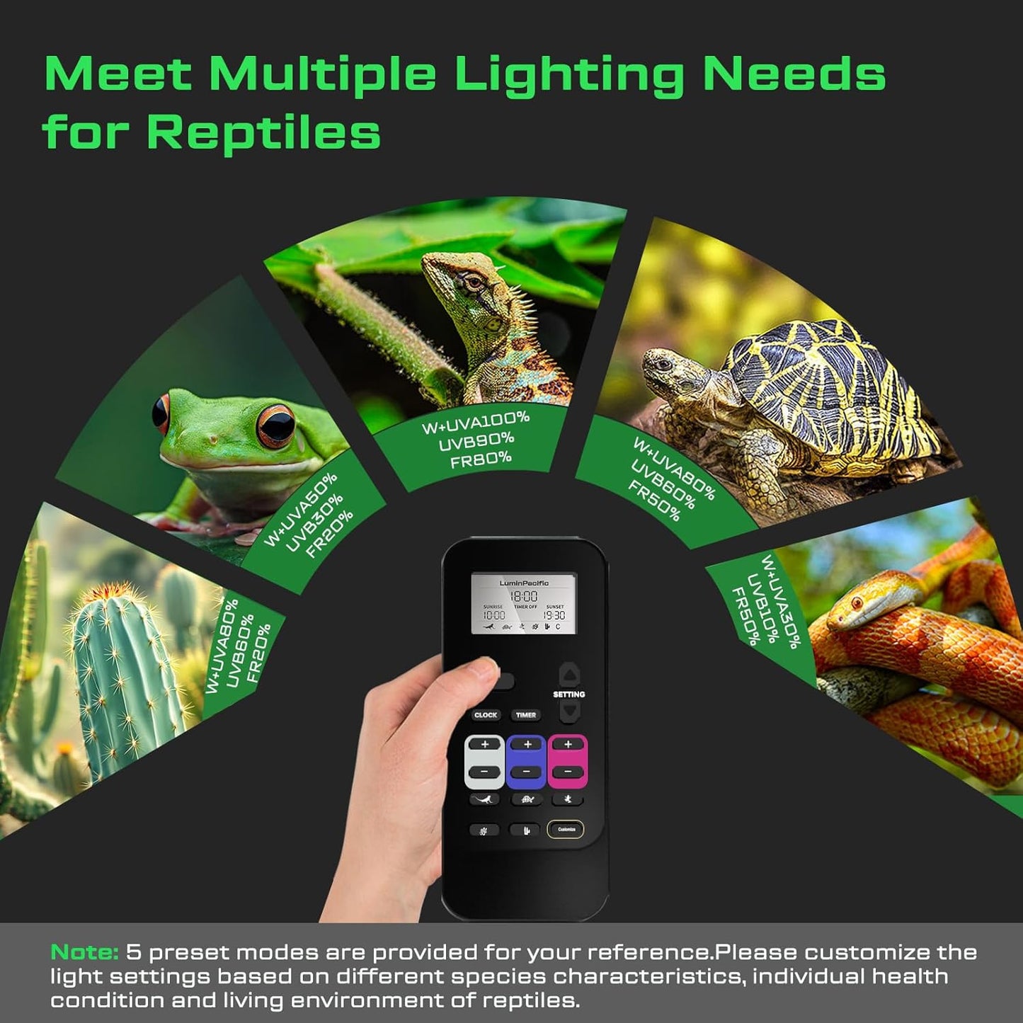 LED Reptiles Light with Remote, UVA UVB FR Lamp for Rainforest & Desert Reptiles, Ferguson Zones 1-4, Timer Switch, 10 Dimmable, for Bearded Dragon, Turtle, Frog, Snake, Plant (2 Pack)