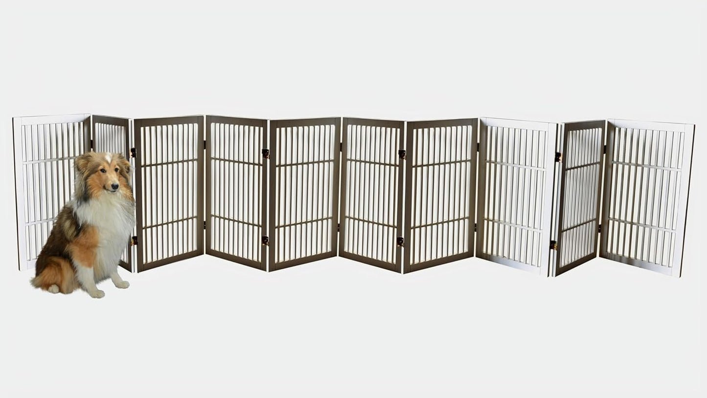Pet Dog Gate Strong and Durable Freestanding Folding Acacia Hardwood Portable Wooden Fence Indoors or Outdoors by Urnporium (White Pet Gate, 10 Panel 30" Tall)