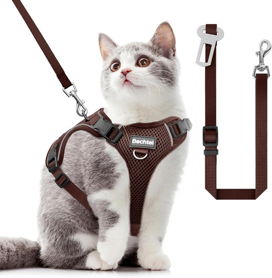 Cat Harness and Leash Set - Escape Proof Adjustable Cat Harness, Comfortable Soft Lightweight, Use Safe & Easy, Walking Travel Kitten Harness for Small Medium Large Cats, Brown, XS(4-6lb)